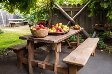 Sticker - picnic table with a rustic, hand-carved bench and basket of fresh fruit, created with generative ai