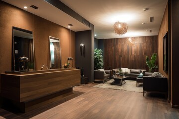 Canvas Print - stylishly decorated reception area with modern furniture and warm lighting, created with generative ai