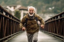 Medium Shot Portrait Photography Of A Joyful Old Man Running Against A Rustic Bridge Background. With Generative AI Technology