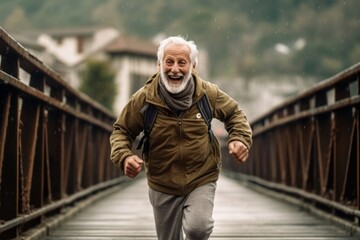 Medium shot portrait photography of a joyful old man running against a rustic bridge background. With generative AI technology