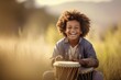 © Markus Schröder - Close-up portrait photography of a happy kid male playing the drum against a national park background. With generative AI technology