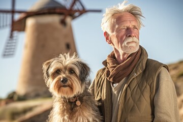 Wall Mural - Close-up portrait photography of a glad mature man walking with a dog against a rustic windmill background. With generative AI technology