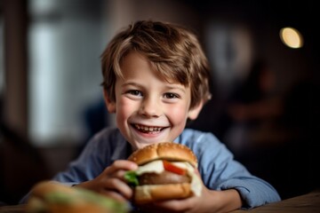 Close-up portrait photography of a grinning kid male eating burguer against a spacious loft background. With generative AI technology