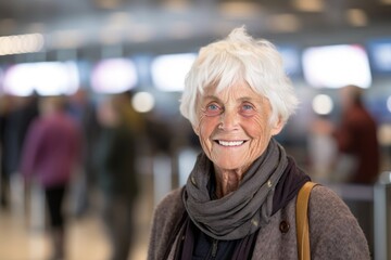 Wall Mural - Medium shot portrait photography of a glad old woman smiling against a busy airport terminal background. With generative AI technology