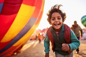 Wall Mural - Medium shot portrait photography of a grinning kid male running against a colorful hot air balloon background. With generative AI technology