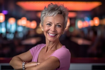 Wall Mural - Close-up portrait photography of a happy mature girl practicing yoga against a classic diner background. With generative AI technology