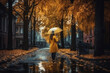 Leinwandbild Motiv woman walk by side walk with yellow umbrella. 