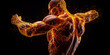 A powerful image of luminous flexed muscles, with complex luminous fibers symbolizing strength and endurance. Generative AI