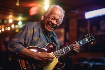 Medium shot portrait photography of a satisfied old man playing the guitar against a lively sports bar background. With generative AI technology