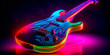 Captivating neon-lit electric guitar inspired by the vibrant '80s, conveying timeless energy and rebellion while showcasing music's power to unite generations. Generative AI