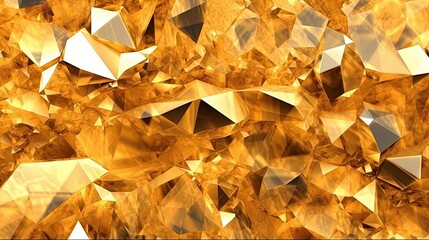 Abstract gold crystal background, faceted texture, macro panorama, wide panoramic polygonal wallpaper. Created with Generative Ai Technology