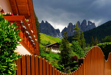 Wall Mural - Fabulous scene with typical house in Tyrol in Santa Maddalena village. Location: Santa Maddalena village, Val di Funes, Trentino-Alto Adige, Dolomites, Italy, Europe