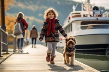 Wall Mural - Medium shot portrait photography of a satisfied kid female walking with a dog against a scenic riverboat background. With generative AI technology