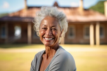 Wall Mural - Close-up portrait photography of a grinning mature girl practicing yoga against a historic plantation background. With generative AI technology