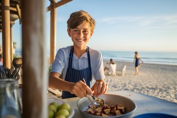 Wall Mural - Lifestyle portrait photography of a satisfied kid male cooking against a scenic beach pier background. With generative AI technology