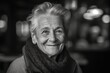 Close-up portrait photography of a tender old woman smiling against a lively pub background. With generative AI technology