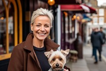 Headshot Portrait Photography Of A Grinning Mature Girl Walking A Dog Against A Lively Pub Background. With Generative AI Technology