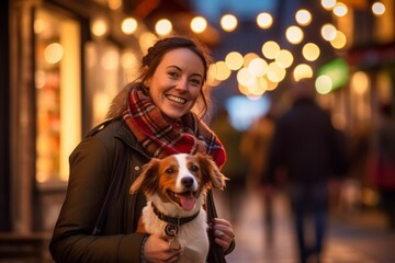 Wall Mural - Headshot portrait photography of a grinning mature girl walking a dog against a lively pub background. With generative AI technology