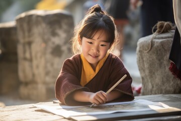 Wall Mural - Medium shot portrait photography of a glad kid female drawing against a peaceful monastery background. With generative AI technology