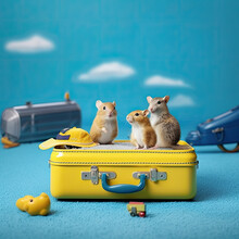 Cute Animals And Suitcase Sitting On Blue Surface, Travel Concept, Generative AI