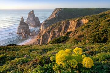 Wall Mural - Portugal Ursa Beach at atlantic coast of Atlantic Ocean with rocks and sunset sun waves and foam at sand of coastline picturesque landscape panorama.