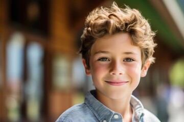 Close-up portrait photography of a grinning kid male drawing against a picturesque mountain chalet background. With generative AI technology