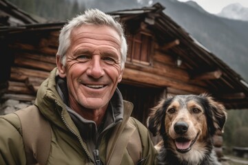 Wall Mural - Close-up portrait photography of a satisfied mature boy walking a dog against a picturesque mountain chalet background. With generative AI technology