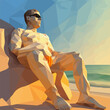 Man resting on the beach, low poly 3D rendering art, AI-assisted creation