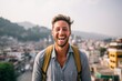 Headshot portrait photography of a grinning boy in his 30s celebrating winning against a picturesque old town background. With generative AI technology