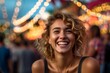 © Markus Schröder - Close-up portrait photography of a happy girl in her 30s smiling against a lively festival ground background. With generative AI technology