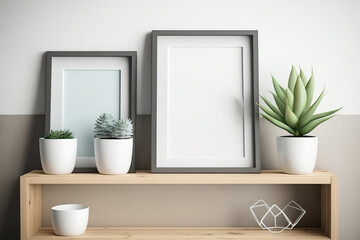 shelf mockup with three empty frames. Generative AI