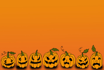 Wall Mural - Hand drawn line art mock up with row of halloween holiday orange pumpkins with different spooky creepy eyes and smiles on gradient background with copy space, Jack-o-lantern group as autumn backdrop.