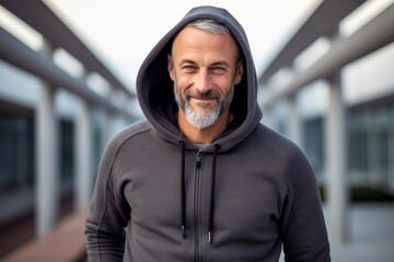 Wall Mural - Lifestyle portrait photography of a satisfied mature man wearing a comfortable hoodie against a modern architecture background. With generative AI technology