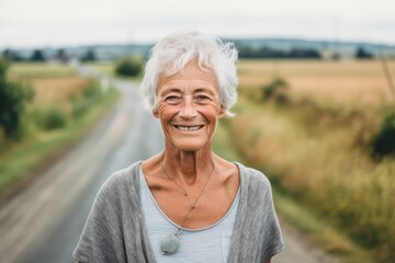 Wall Mural - Lifestyle portrait photography of a satisfied old woman wearing a cute crop top against a winding country road background. With generative AI technology