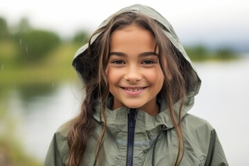 medium shot portrait photography of a grinning kid female wearing a lightweight windbreaker against 