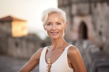 Wall Mural - Headshot portrait photography of a satisfied mature girl wearing a cute crop top against a medieval castle background. With generative AI technology