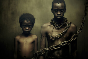 Male prisoner in chain. Child slavery concept. Victim chained in captivity. Created with Generative AI