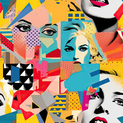 Wall Mural - Pop art collage 90s seamless repeat pattern [Generative AI]
