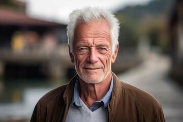Wall Mural - Headshot portrait photography of a glad old man wearing an elegant long-sleeve shirt against a rustic bridge background. With generative AI technology