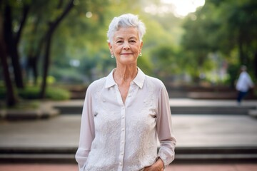 Poster - Full-length portrait photography of a glad old woman wearing an elegant long-sleeve shirt against a botanical garden background. With generative AI technology