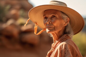 Wall Mural - Lifestyle portrait photography of a glad old woman wearing a stylish sun hat against a national park background. With generative AI technology