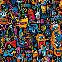 Sticker - Funky doodles seamless repeat pattern - colorful abstract art [Generative AI]
