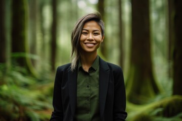 Wall Mural - Environmental portrait photography of a joyful girl in her 30s wearing a sleek suit against a moss-covered forest background. With generative AI technology