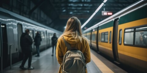 Back view of young female backpacker stand on platform waiting subway train in underground station. woman tourist watch metro, generative ai