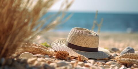 Poster - Straw hat on the beach. Beach holiday concept, generative ai