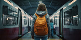 Back view of young female backpacker stand on platform waiting subway train in underground station. woman tourist watch metro, generative ai