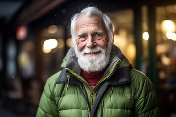 Poster - Medium shot portrait photography of a happy old man wearing a warm parka against a peaceful yoga studio background. With generative AI technology