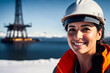 Portrait of the female oil engineer in an orange vest, Alaska, snowy landscape and snowy mountains in the background. Generative AI
