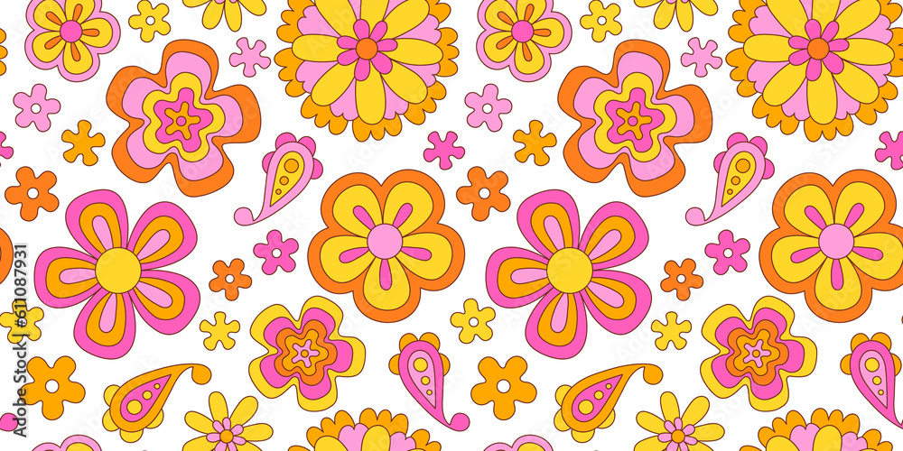 Vintage flower seamless pattern illustration. Retro psychedelic floral ...