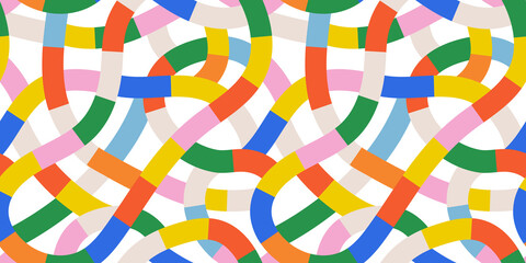 Fun colorful line doodle seamless pattern. Creative abstract style art background for children or trendy design with stripe shapes. Simple childish scribble backdrop.	
